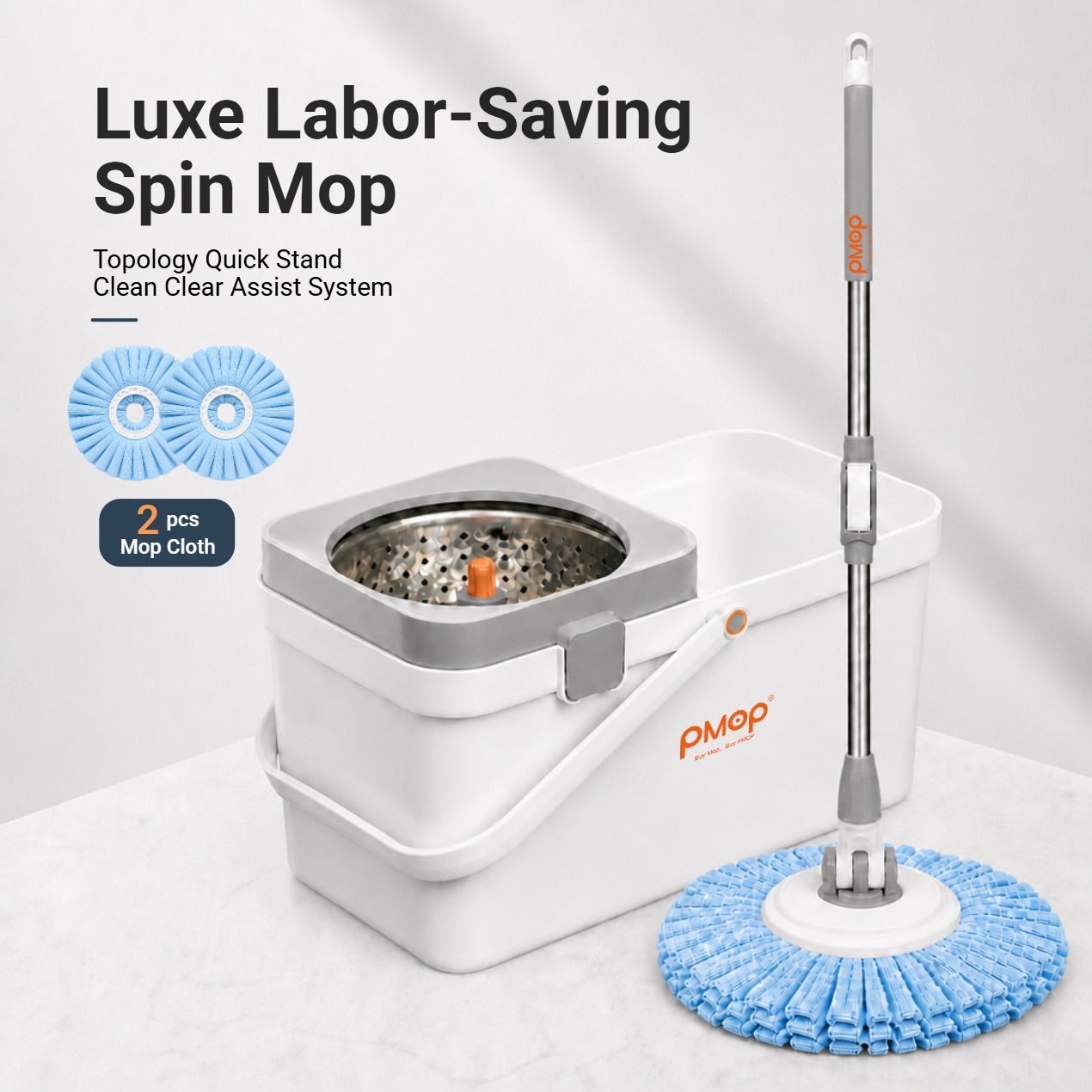 PMOP PREMIUM Spin Mop with Self Rotating Head and Absorbent Towel Cloth Labor-Saving Mop for Floor