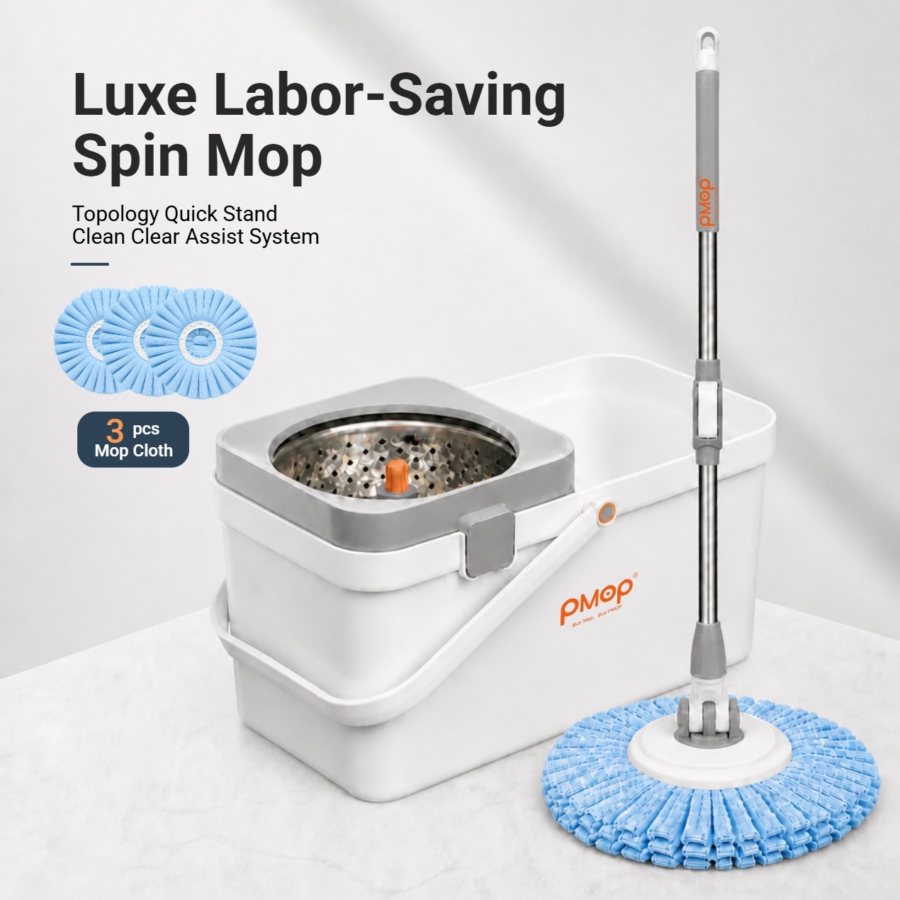 PMOP PREMIUM Spin Mop with Self Rotating Head and Absorbent Towel Cloth Labor-Saving Mop for Floor