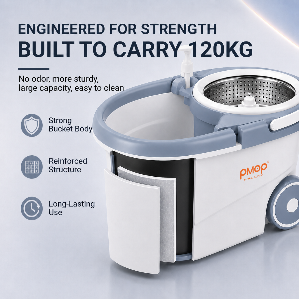 PMOP PREMIUM Mop With Spinner with 2 Wheel Smooth Glide and Cleaner Bottle Deep Clean Mop for Floor