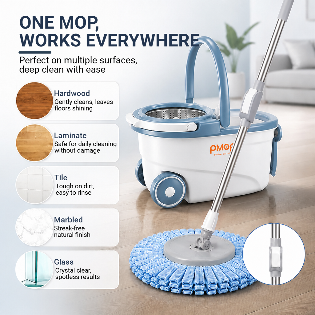 PMOP PREMIUM Mop With Spinner with 2 Wheel Smooth Glide and Cleaner Bottle Deep Clean Mop for Floor