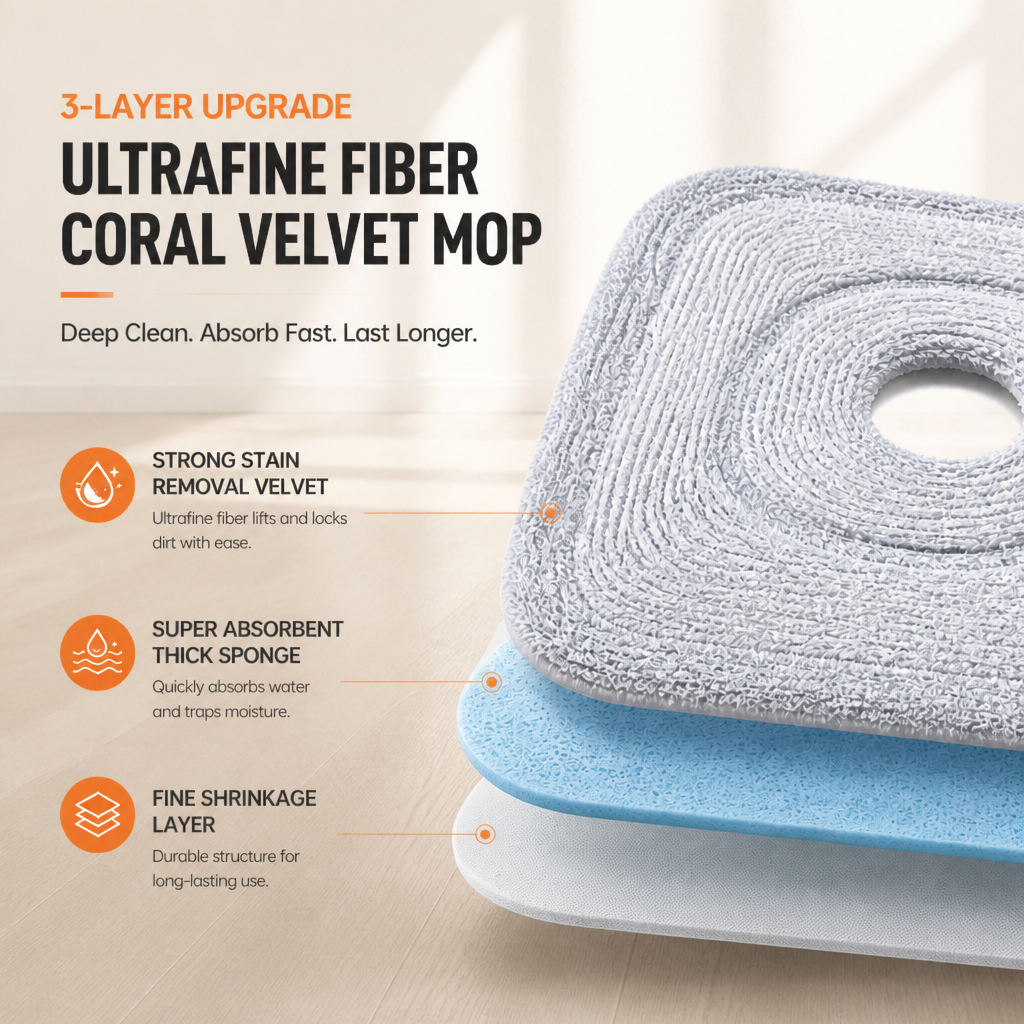 PMOP PREMIUM Self Wash Spin Mop with 3 Types of Mop Heads Clean Dirty Water Separation Mop for Floor