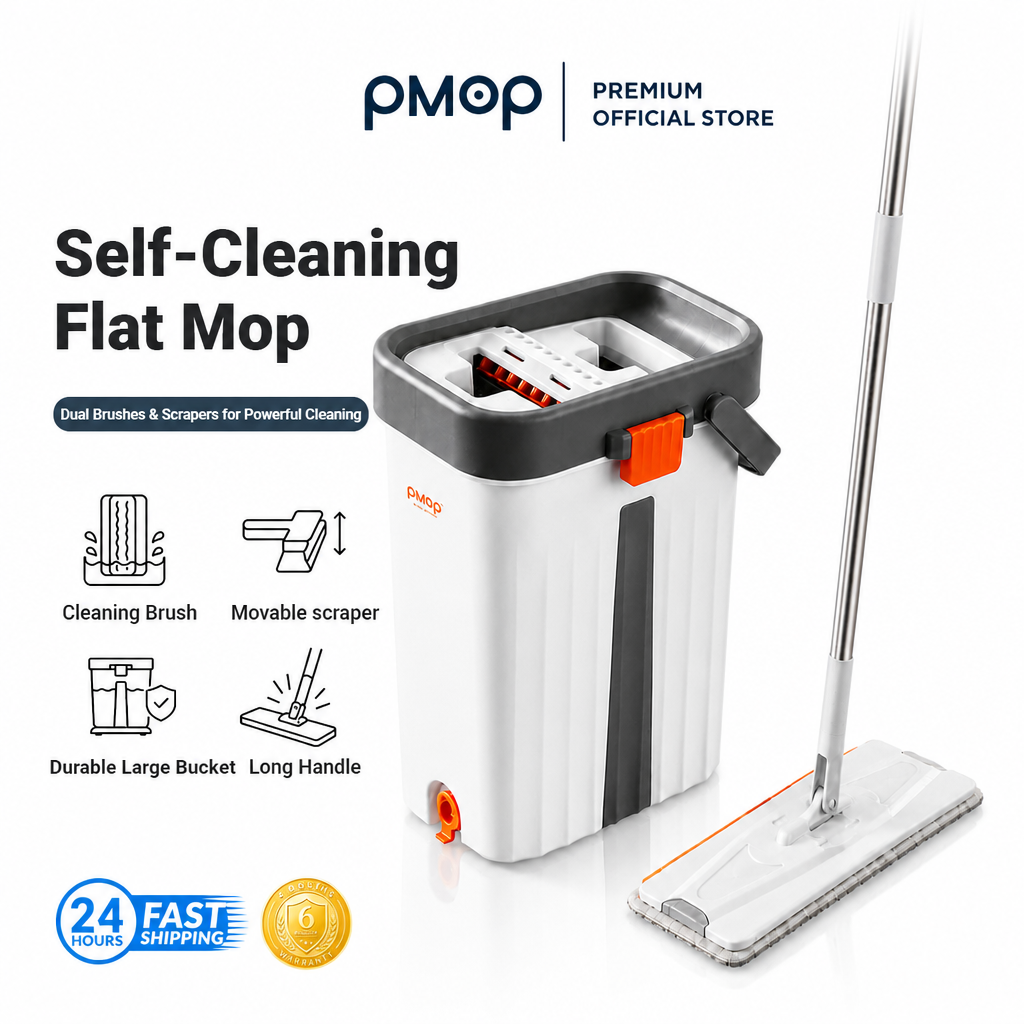 PMOP PREMIUM Self Wash Flat Mop With Bucket Brush and Scraper Dry Wet Separation Mop for Floor
