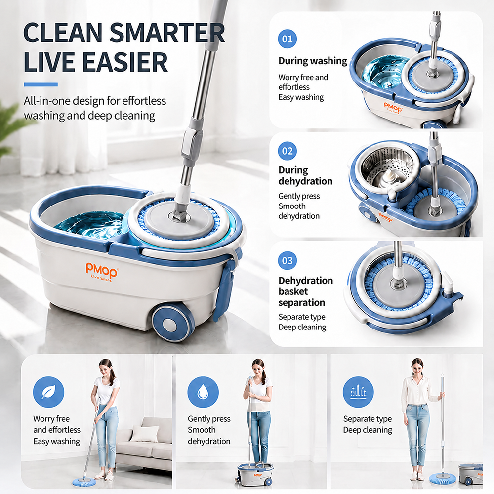PMOP PREMIUM Mop With Spinner with 2 Wheel Smooth Glide and Cleaner Bottle Deep Clean Mop for Floor