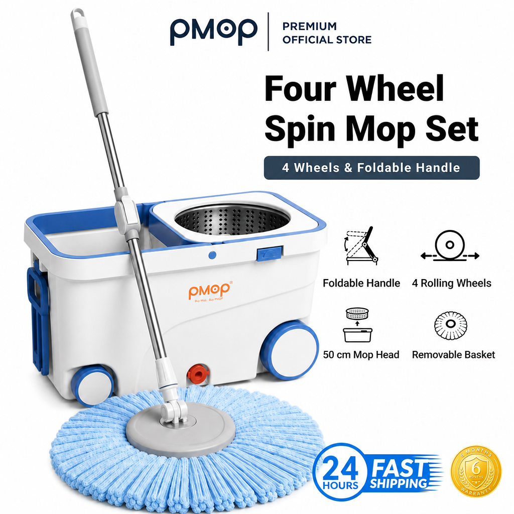 PMOP PREMIUM Mop with Spinner 4 Rolling Wheels and Foldable Handle Spin Mop for floor cleaning