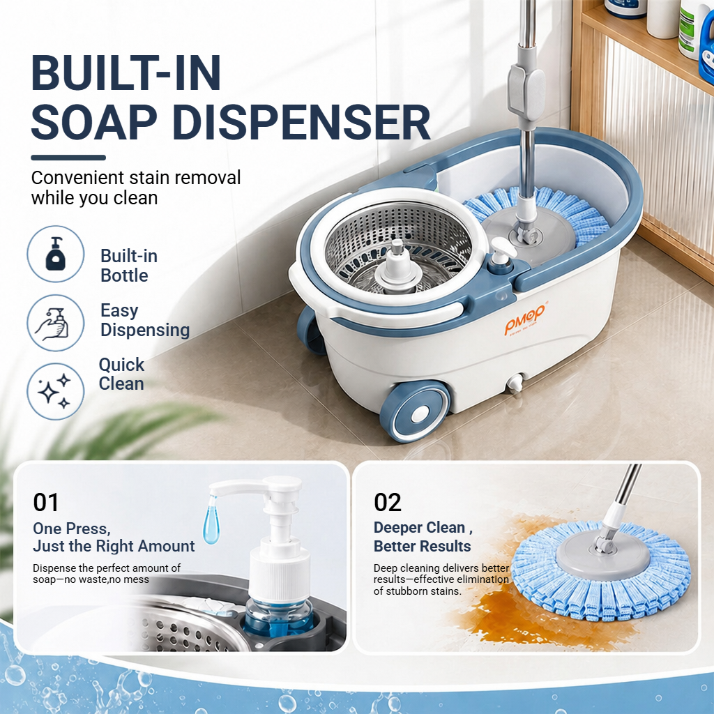 PMOP PREMIUM Mop With Spinner with 2 Wheel Smooth Glide and Cleaner Bottle Deep Clean Mop for Floor