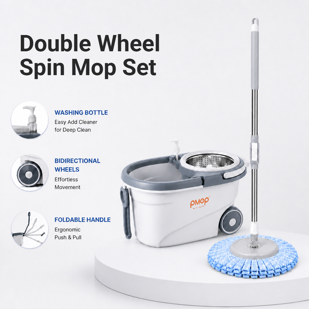 PMOP PREMIUM Mop With Spinner with 2 Wheel Smooth Glide and Cleaner Bottle Deep Clean Mop for Floor