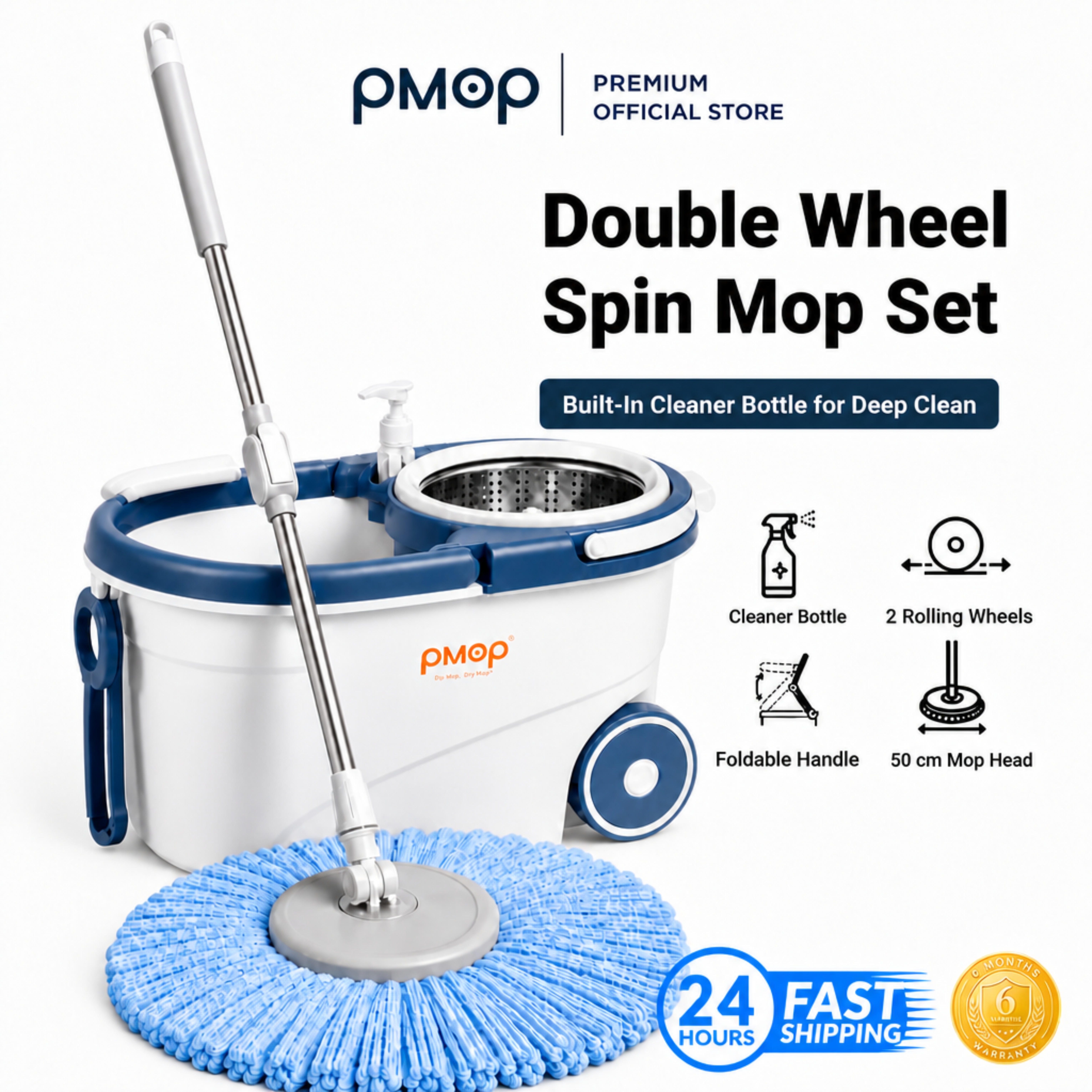 PMOP PREMIUM Mop With Spinner with 2 Wheel Smooth Glide and Cleaner Bottle Deep Clean Mop for Floor