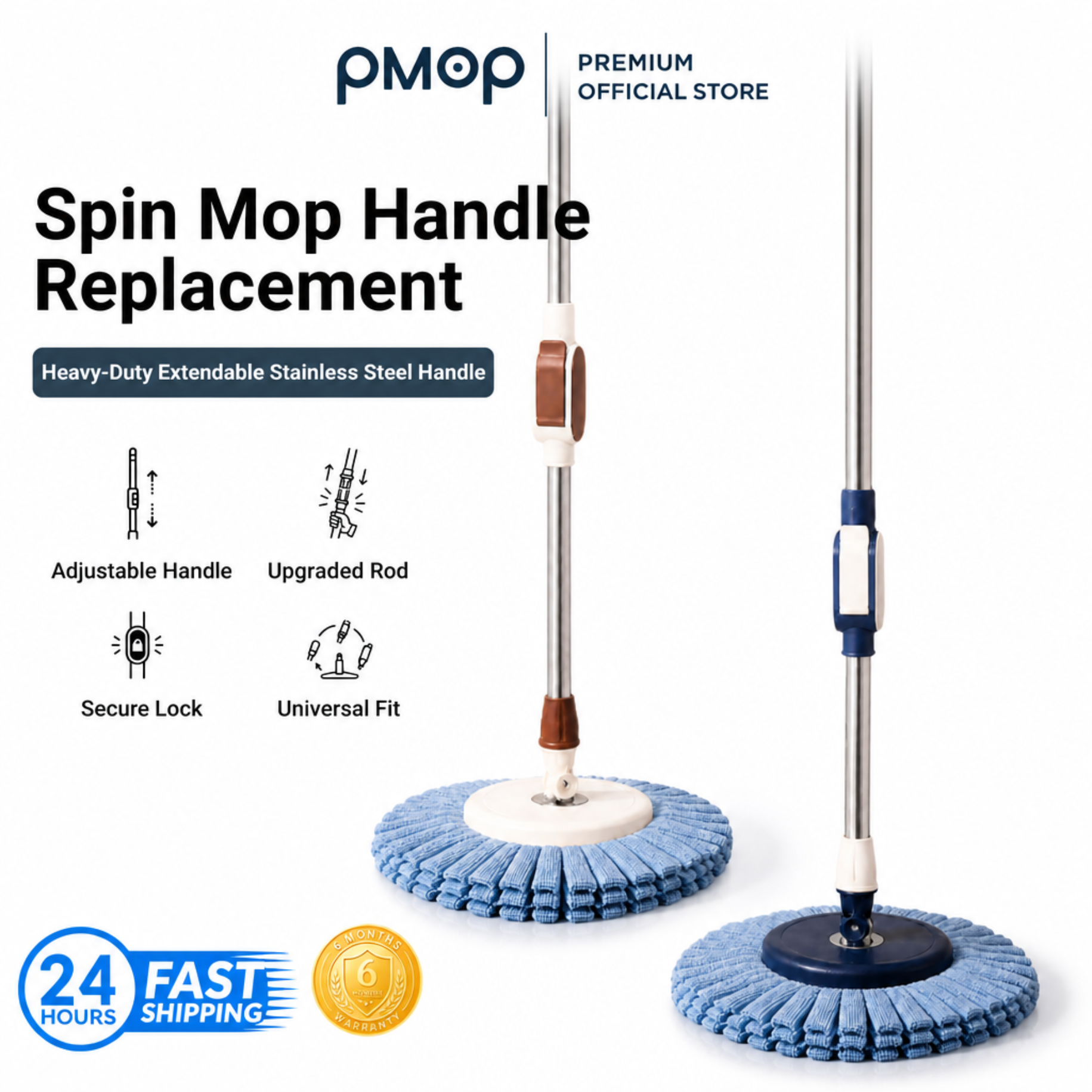 PMOP PREMIUM Spin Mop Handle Replacement for Floor Thick Stainless Steel Extendable Hydraulic Pole