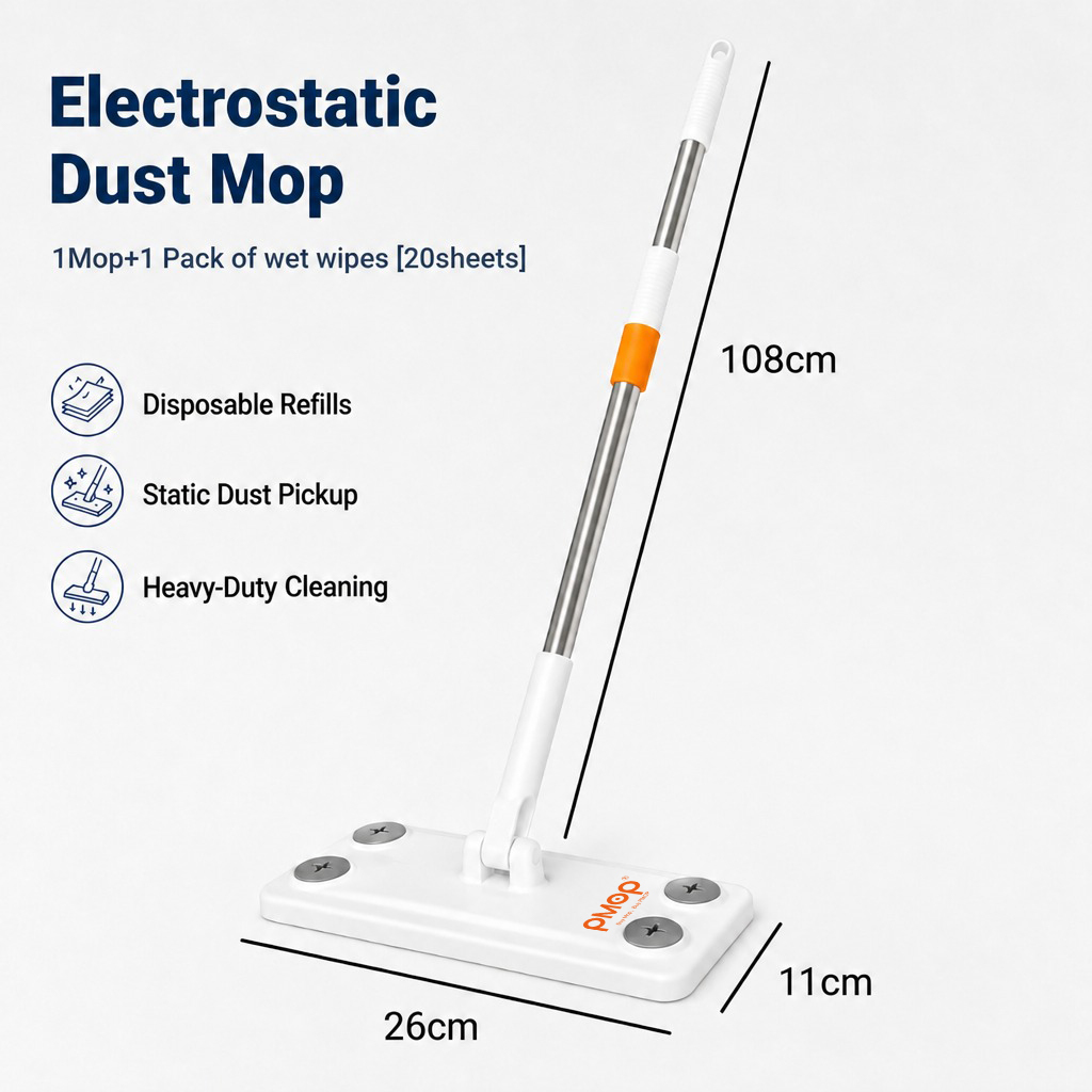 PMOP PREMIUM Disposable Electrostatic Dust Removal Lazy Flat Mop with Wet Dry Paper Wipes FloorClean