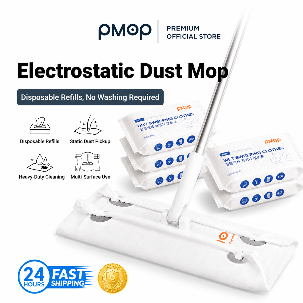 PMOP PREMIUM Disposable Electrostatic Dust Removal Lazy Flat Mop with Wet Dry Paper Wipes FloorClean