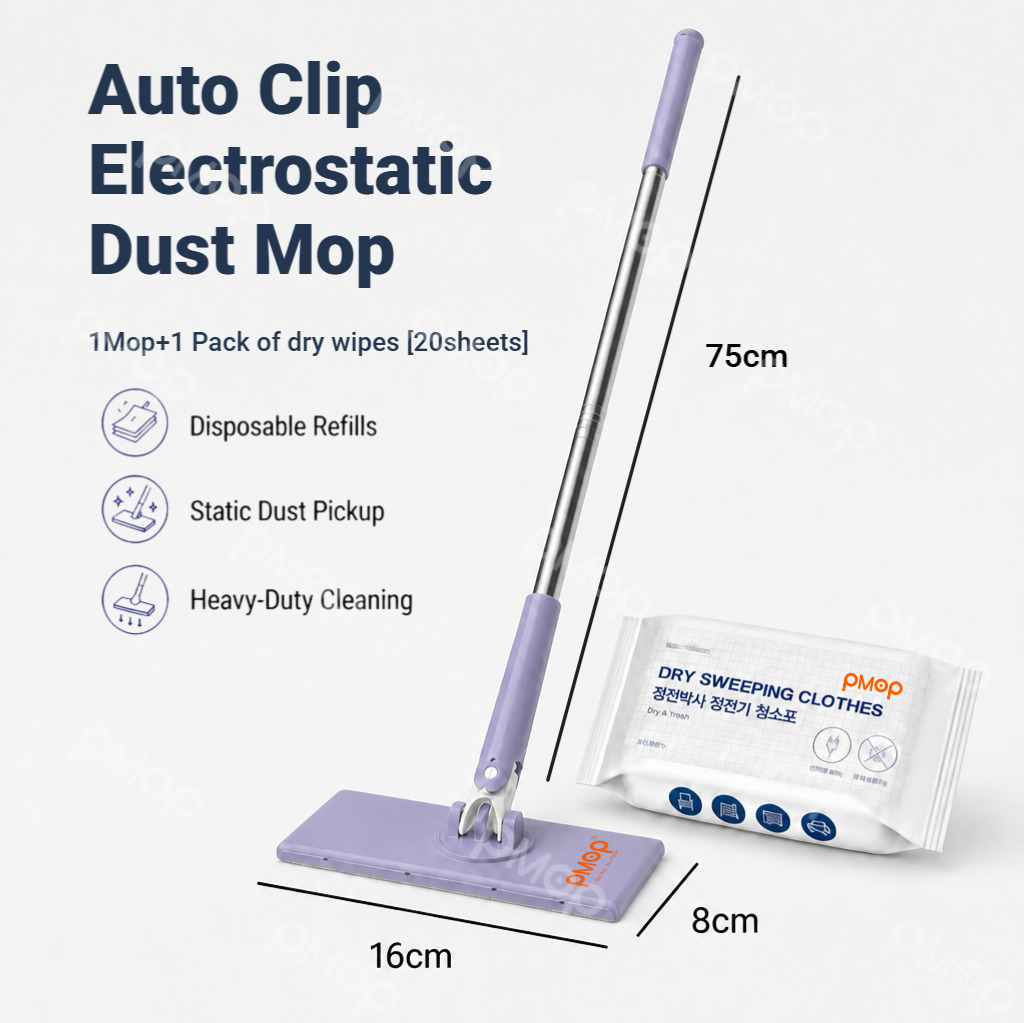 PMOP PREMIUM Disposable Auto Clip Electrostatic Dust Mop for Floor Cleaning with Wet Dry Paper Wipes