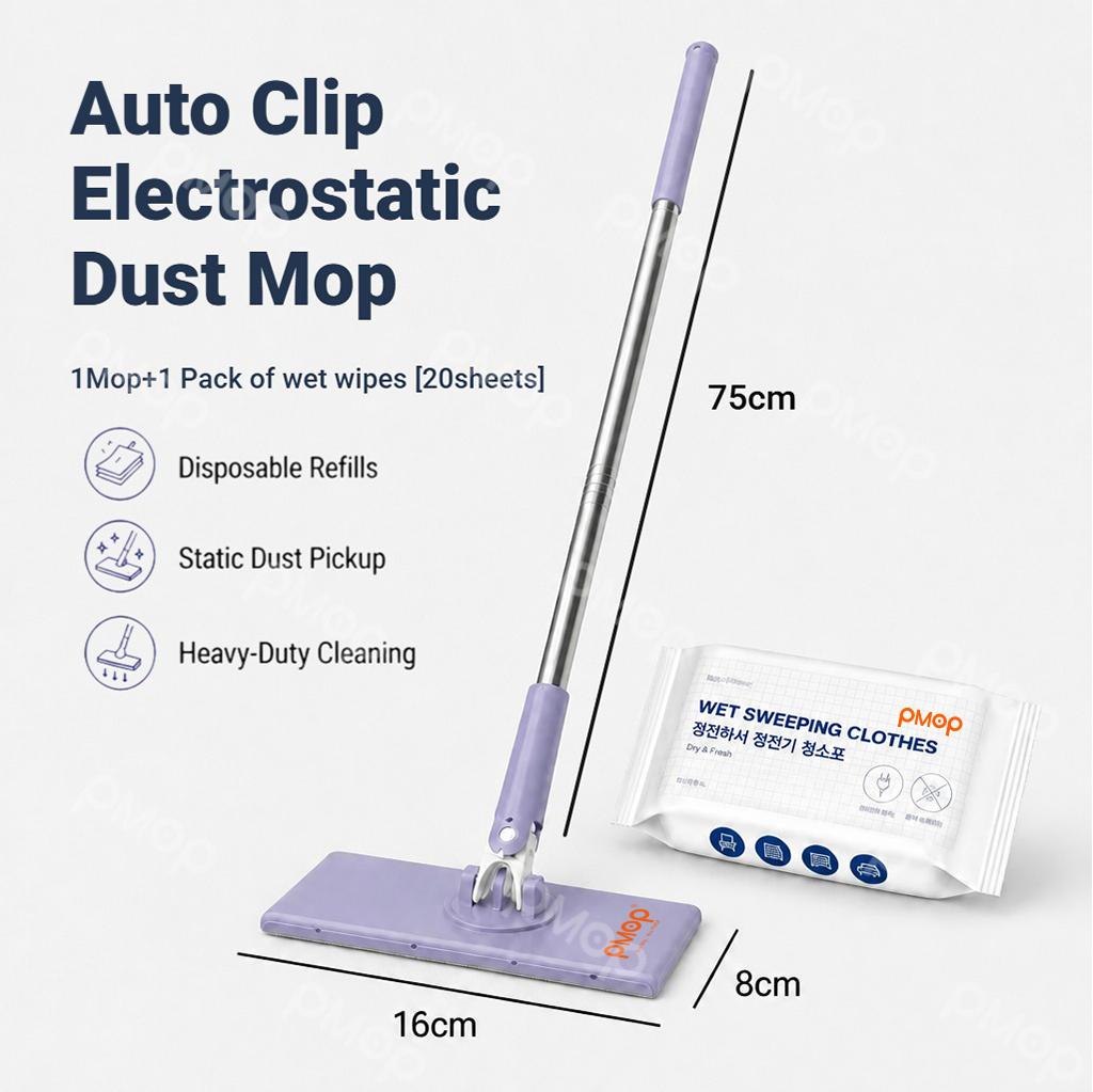 PMOP PREMIUM Disposable Auto Clip Electrostatic Dust Mop for Floor Cleaning with Wet Dry Paper Wipes