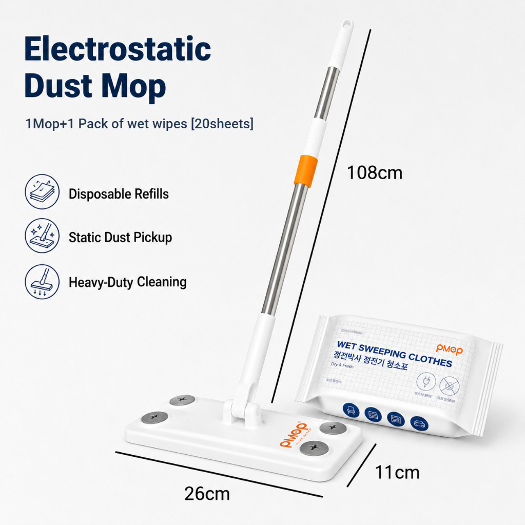 PMOP PREMIUM Disposable Electrostatic Dust Removal Lazy Flat Mop with Wet Dry Paper Wipes FloorClean
