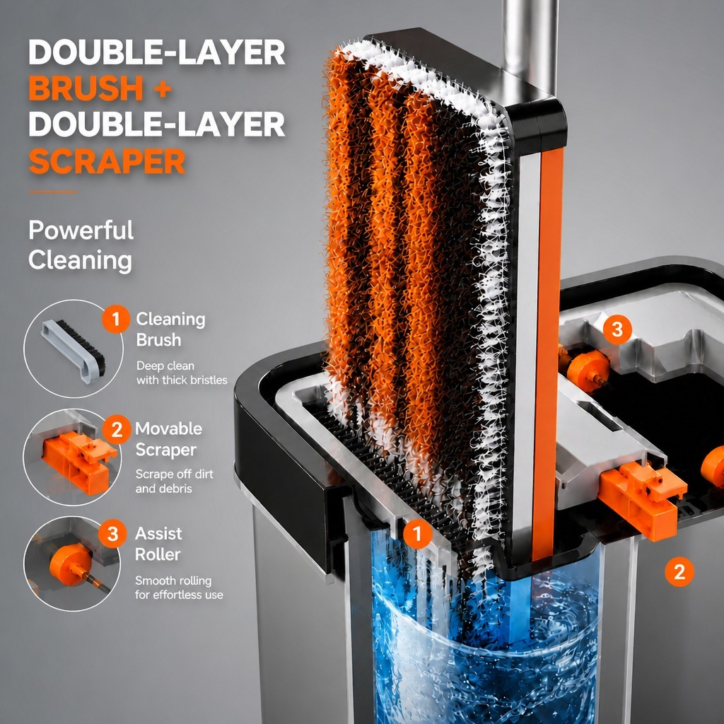 PMOP PREMIUM Self Wash Flat Mop With Bucket Brush and Scraper Dry Wet Separation Mop for Floor