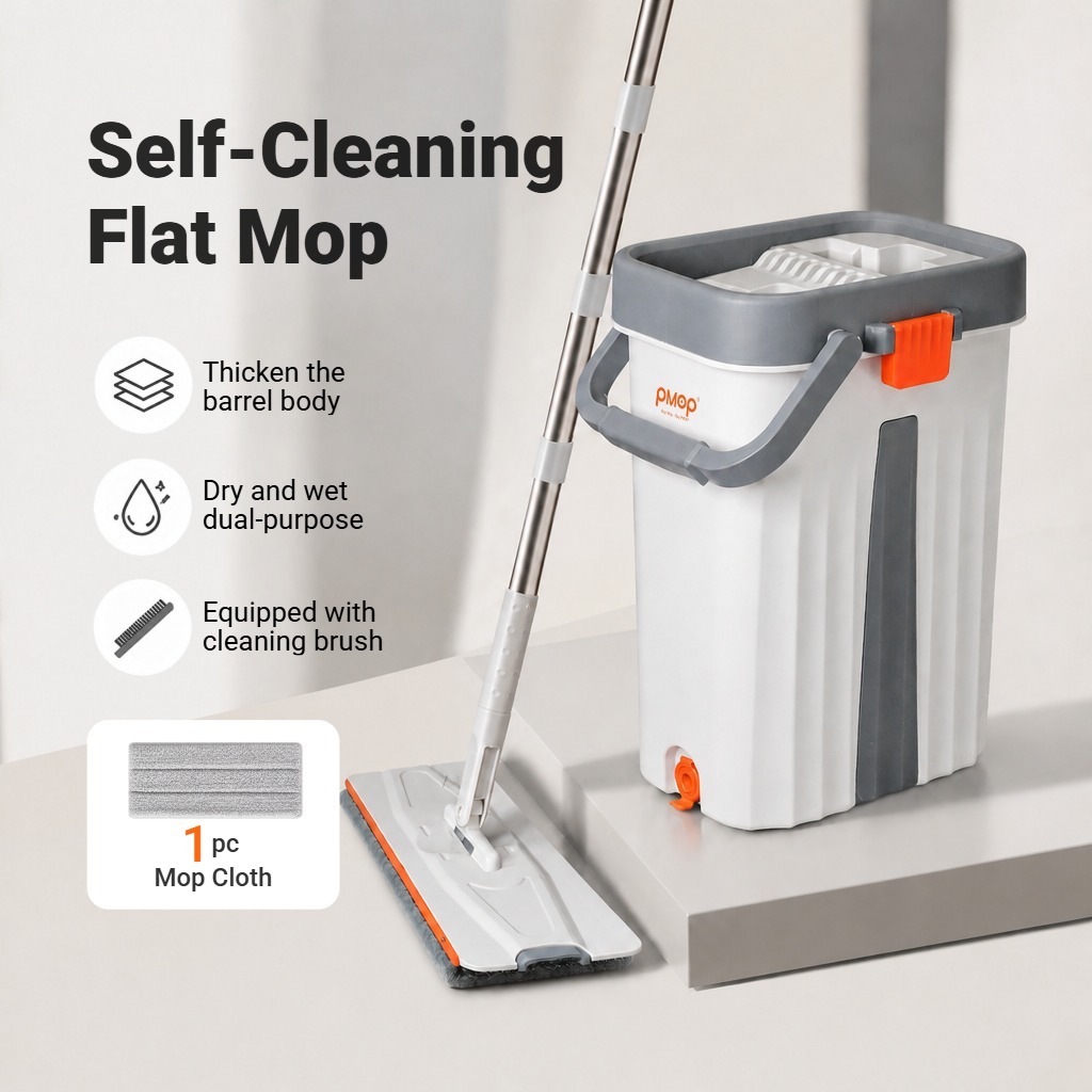 PMOP PREMIUM Self Wash Flat Mop With Bucket Brush and Scraper Dry Wet Separation Mop for Floor