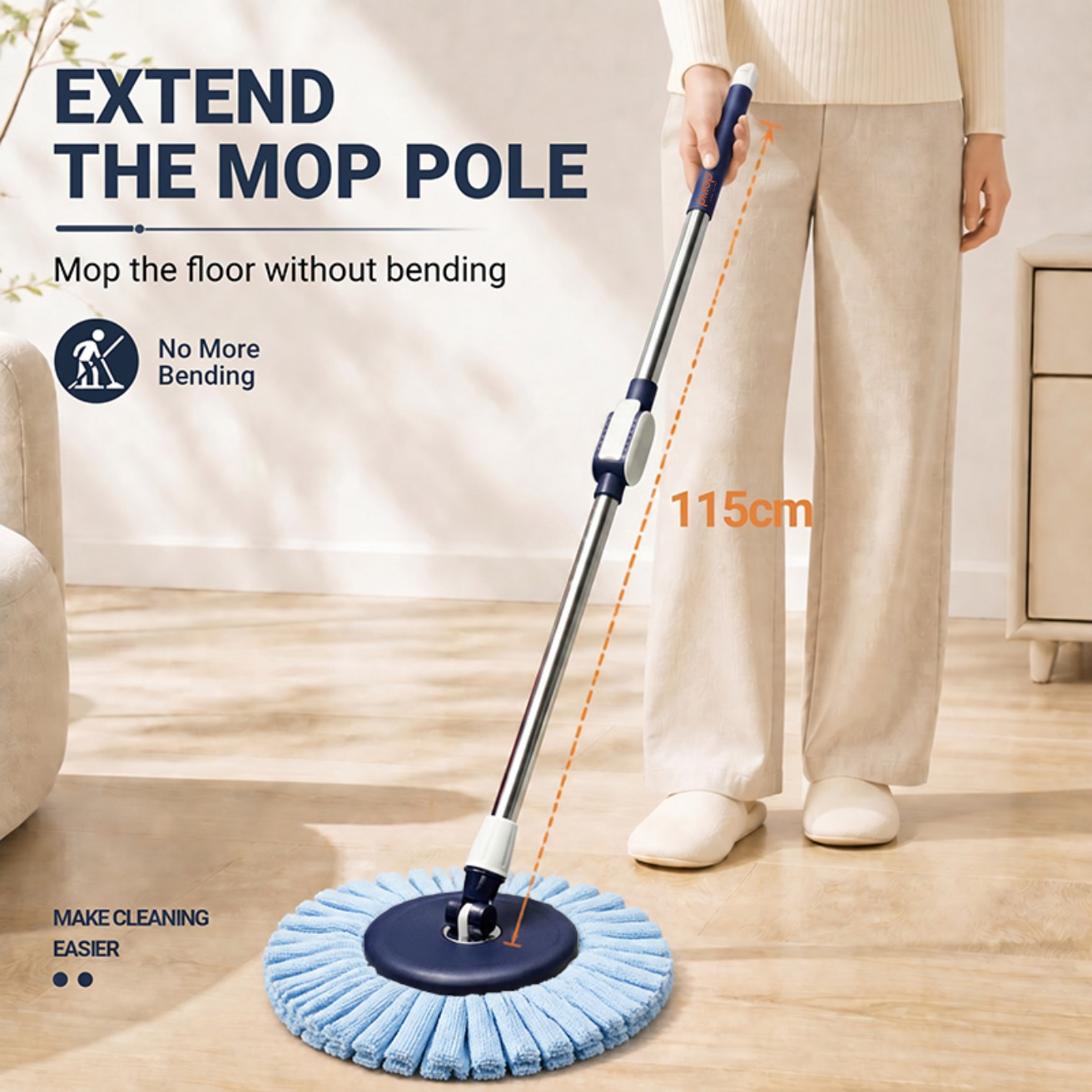 PMOP PREMIUM Spin Mop Handle Replacement for Floor Thick Stainless Steel Extendable Hydraulic Pole