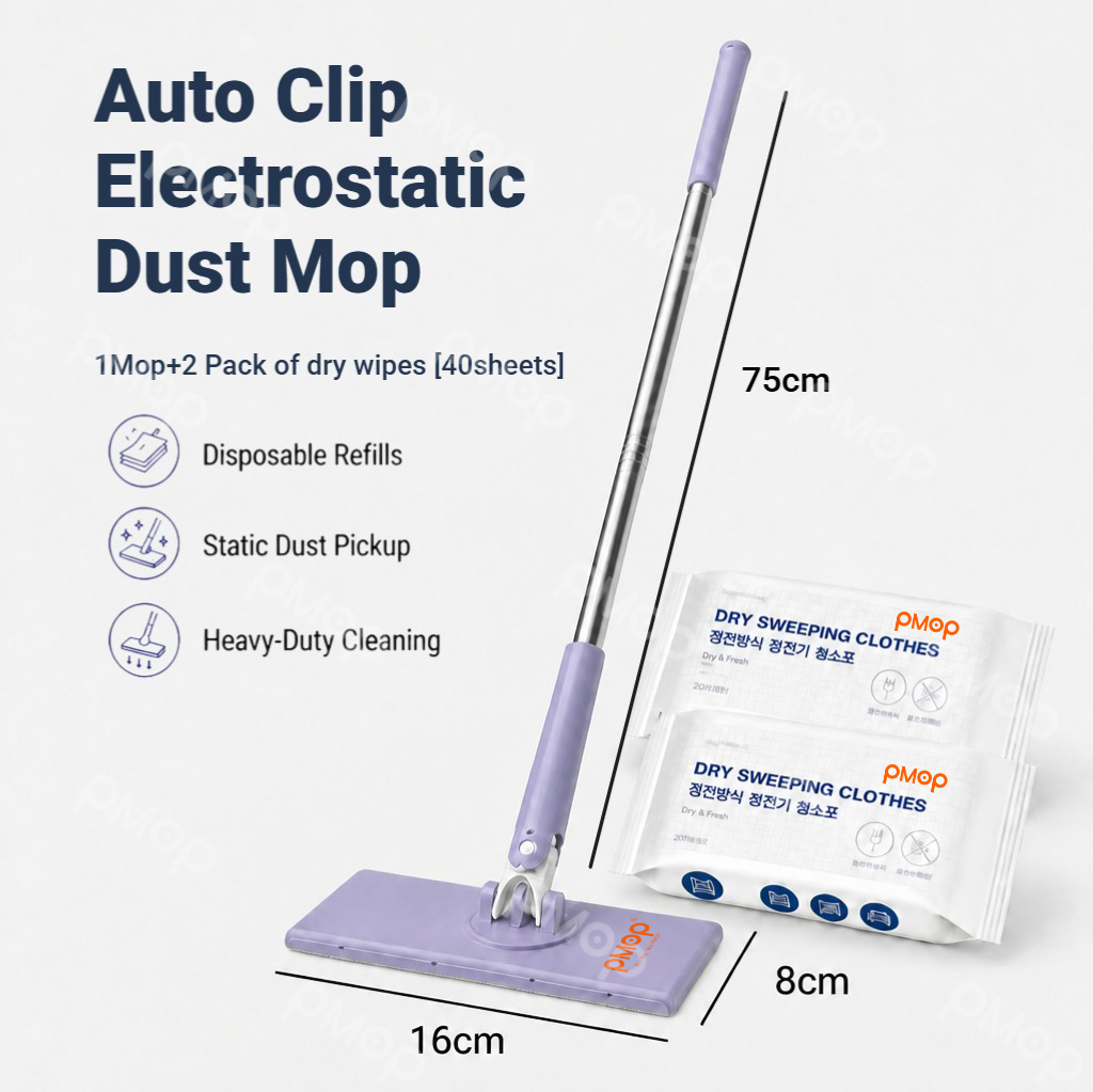 PMOP PREMIUM Disposable Auto Clip Electrostatic Dust Mop for Floor Cleaning with Wet Dry Paper Wipes