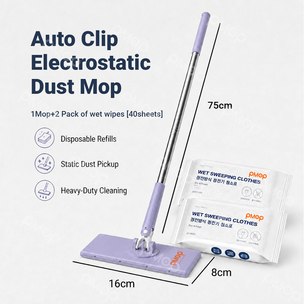 PMOP PREMIUM Disposable Auto Clip Electrostatic Dust Mop for Floor Cleaning with Wet Dry Paper Wipes