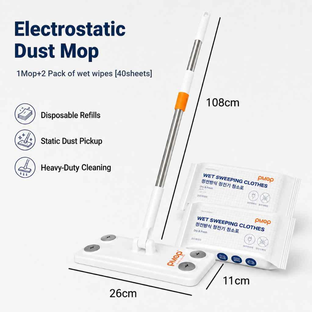 PMOP PREMIUM Disposable Electrostatic Dust Removal Lazy Flat Mop with Wet Dry Paper Wipes FloorClean