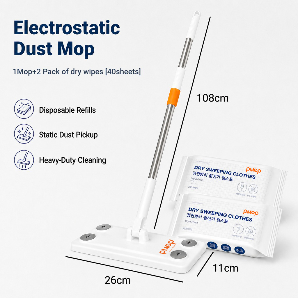 PMOP PREMIUM Disposable Electrostatic Dust Removal Lazy Flat Mop with Wet Dry Paper Wipes FloorClean