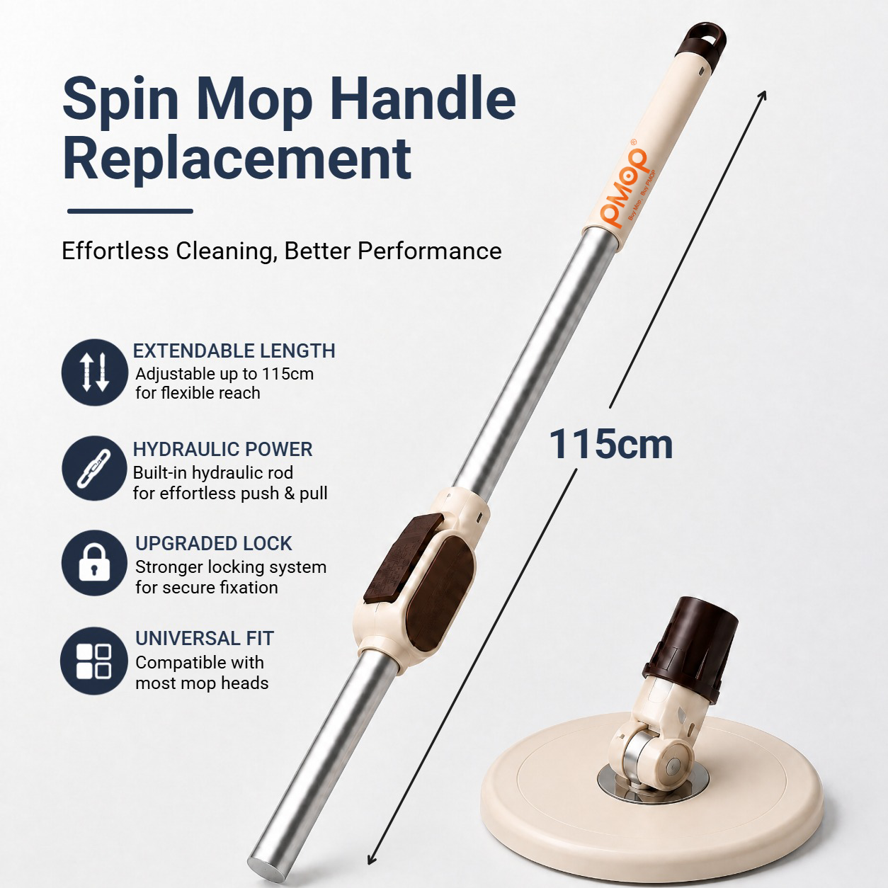 PMOP PREMIUM Spin Mop Handle Replacement for Floor Thick Stainless Steel Extendable Hydraulic Pole