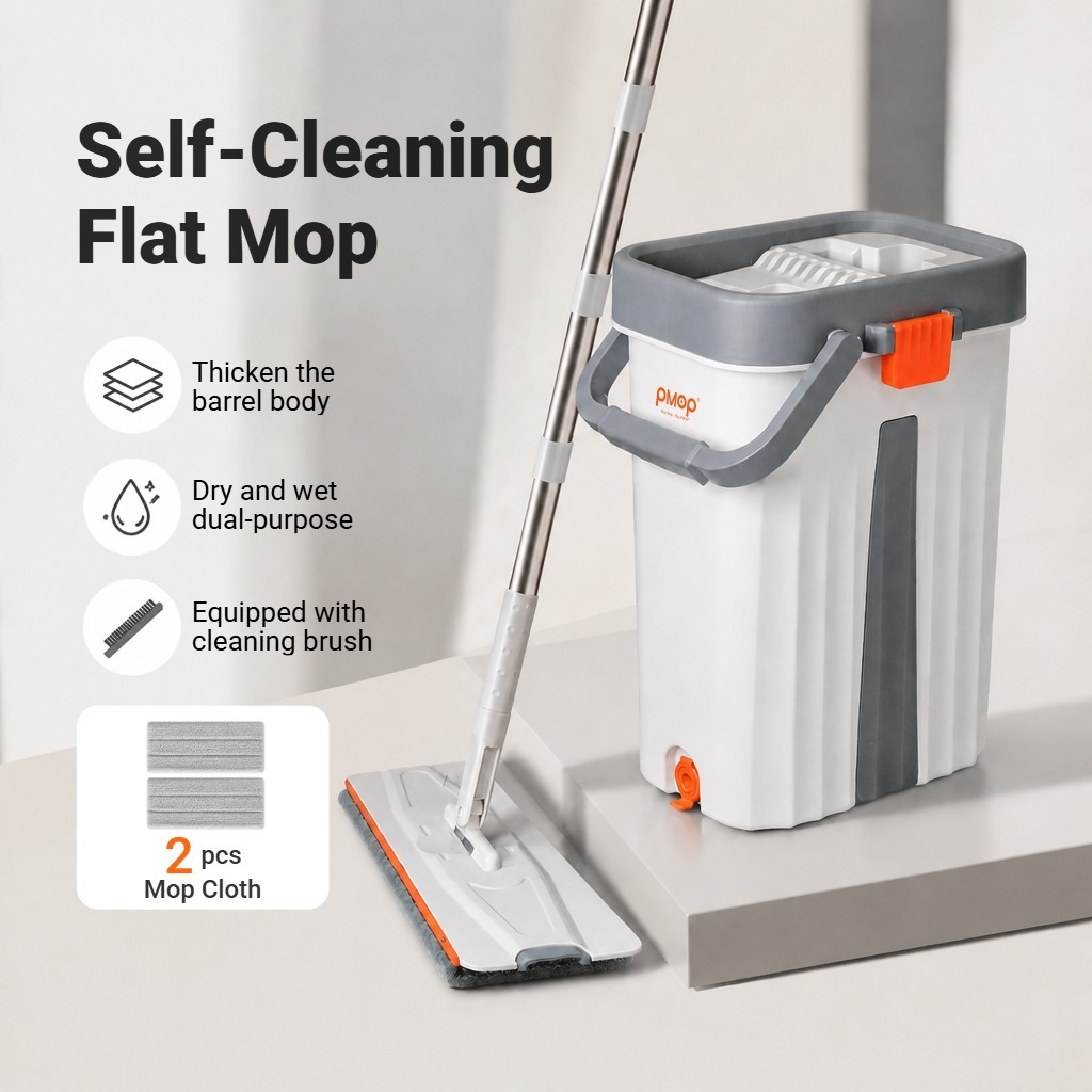 PMOP PREMIUM Self Wash Flat Mop With Bucket Brush and Scraper Dry Wet Separation Mop for Floor