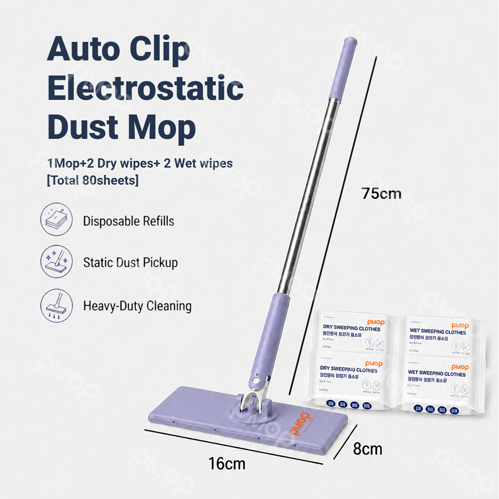 PMOP PREMIUM Disposable Auto Clip Electrostatic Dust Mop for Floor Cleaning with Wet Dry Paper Wipes