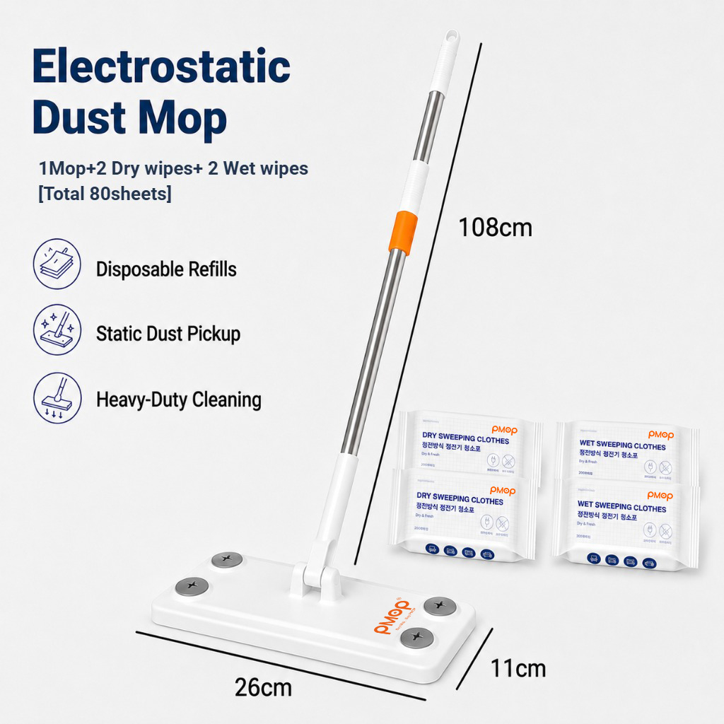 PMOP PREMIUM Disposable Electrostatic Dust Removal Lazy Flat Mop with Wet Dry Paper Wipes FloorClean