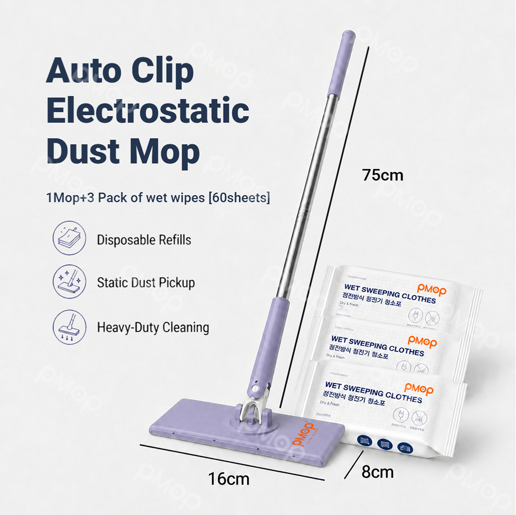 PMOP PREMIUM Disposable Auto Clip Electrostatic Dust Mop for Floor Cleaning with Wet Dry Paper Wipes
