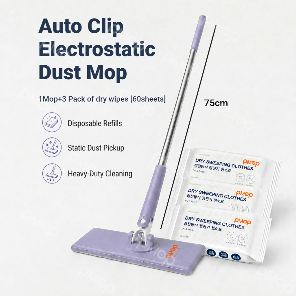 PMOP PREMIUM Disposable Auto Clip Electrostatic Dust Mop for Floor Cleaning with Wet Dry Paper Wipes