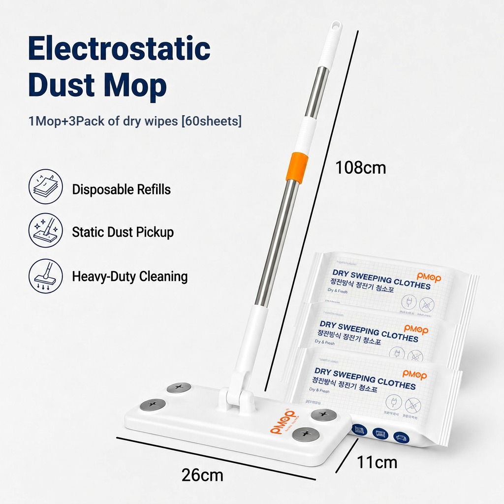 PMOP PREMIUM Disposable Electrostatic Dust Removal Lazy Flat Mop with Wet Dry Paper Wipes FloorClean