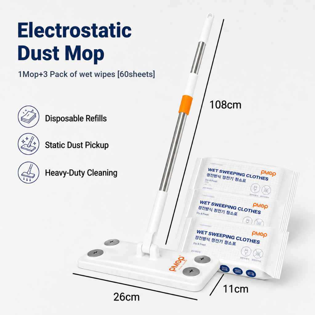 PMOP PREMIUM Disposable Electrostatic Dust Removal Lazy Flat Mop with Wet Dry Paper Wipes FloorClean