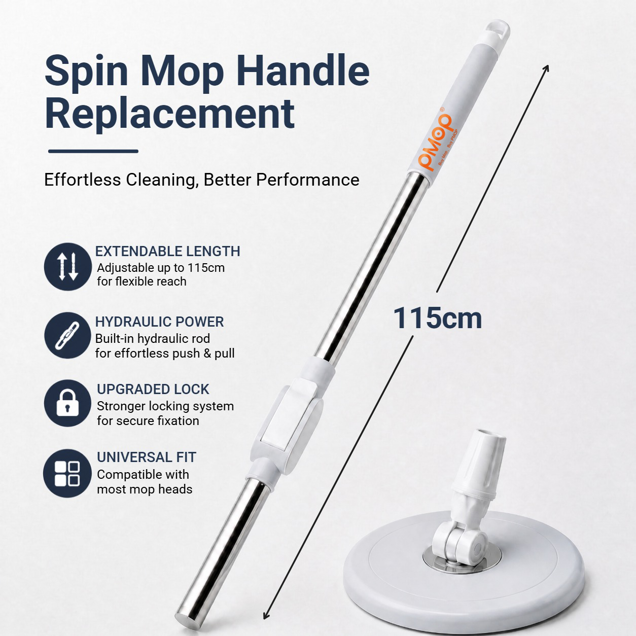 PMOP PREMIUM Spin Mop Handle Replacement for Floor Thick Stainless Steel Extendable Hydraulic Pole