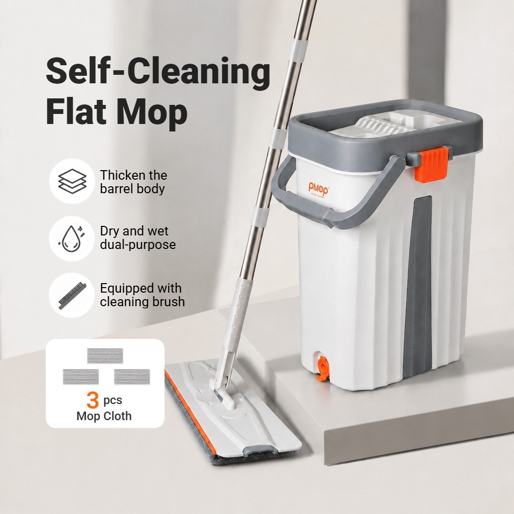 PMOP PREMIUM Self Wash Flat Mop With Bucket Brush and Scraper Dry Wet Separation Mop for Floor