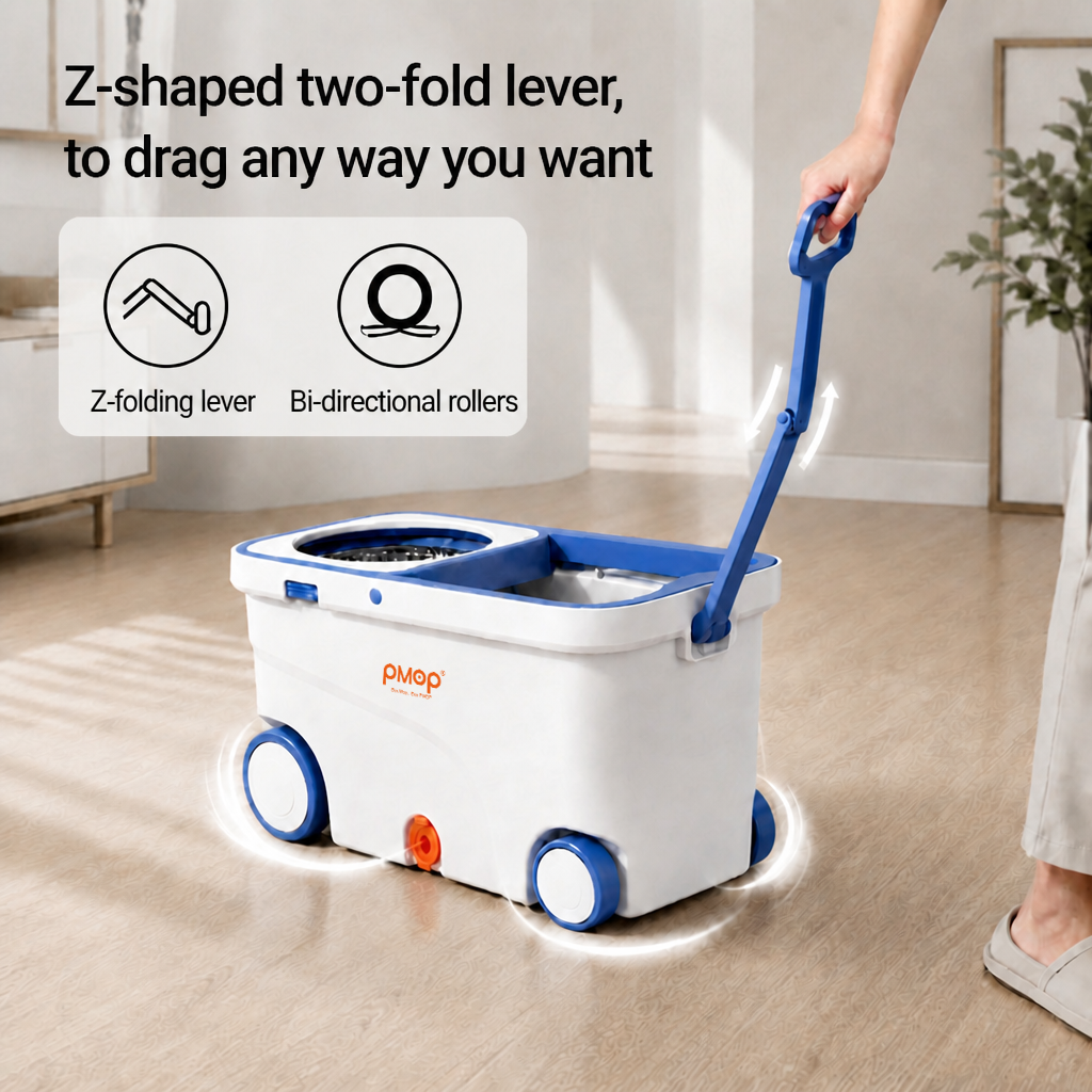 PMOP PREMIUM Mop with Spinner 4 Rolling Wheels and Foldable Handle Spin Mop for floor cleaning