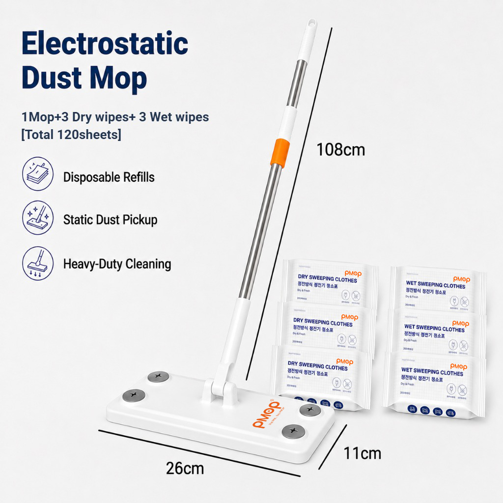 PMOP PREMIUM Disposable Electrostatic Dust Removal Lazy Flat Mop with Wet Dry Paper Wipes FloorClean