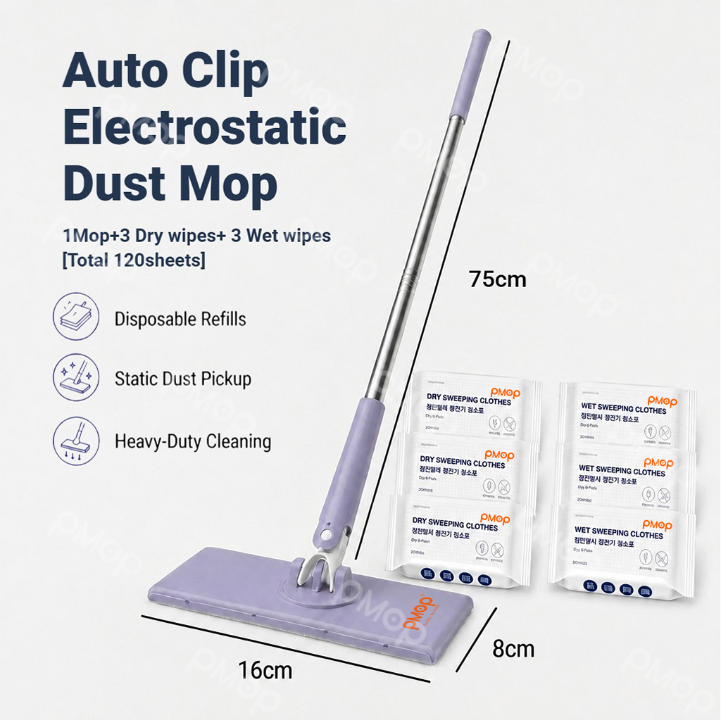 PMOP PREMIUM Disposable Auto Clip Electrostatic Dust Mop for Floor Cleaning with Wet Dry Paper Wipes
