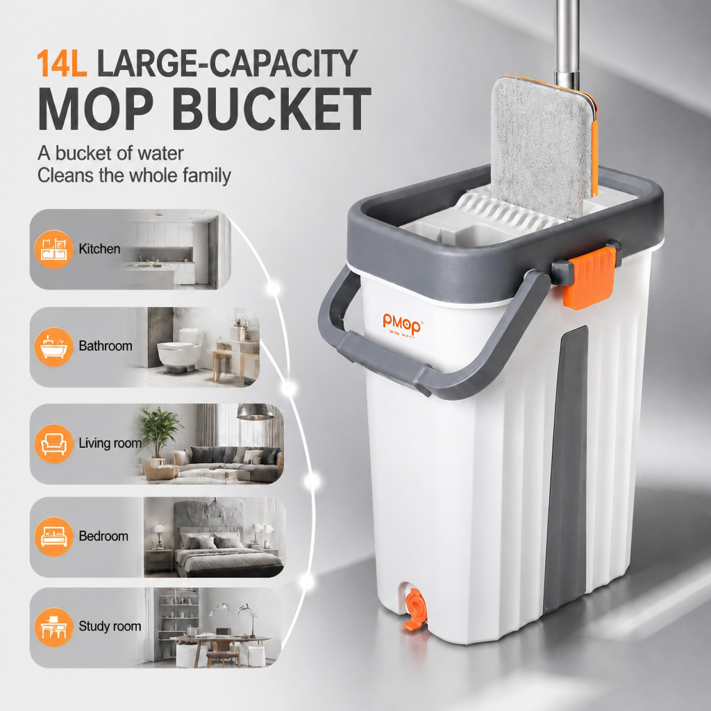 PMOP PREMIUM Self Wash Flat Mop With Bucket Brush and Scraper Dry Wet Separation Mop for Floor