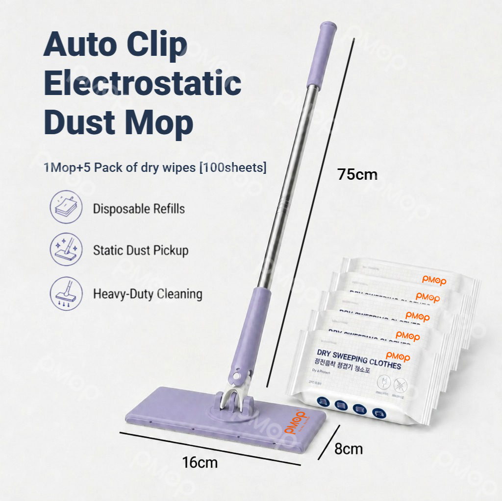 PMOP PREMIUM Disposable Auto Clip Electrostatic Dust Mop for Floor Cleaning with Wet Dry Paper Wipes