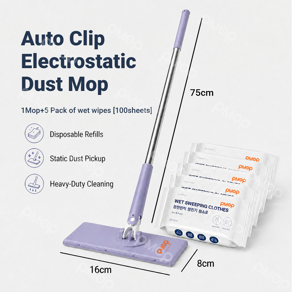 PMOP PREMIUM Disposable Auto Clip Electrostatic Dust Mop for Floor Cleaning with Wet Dry Paper Wipes