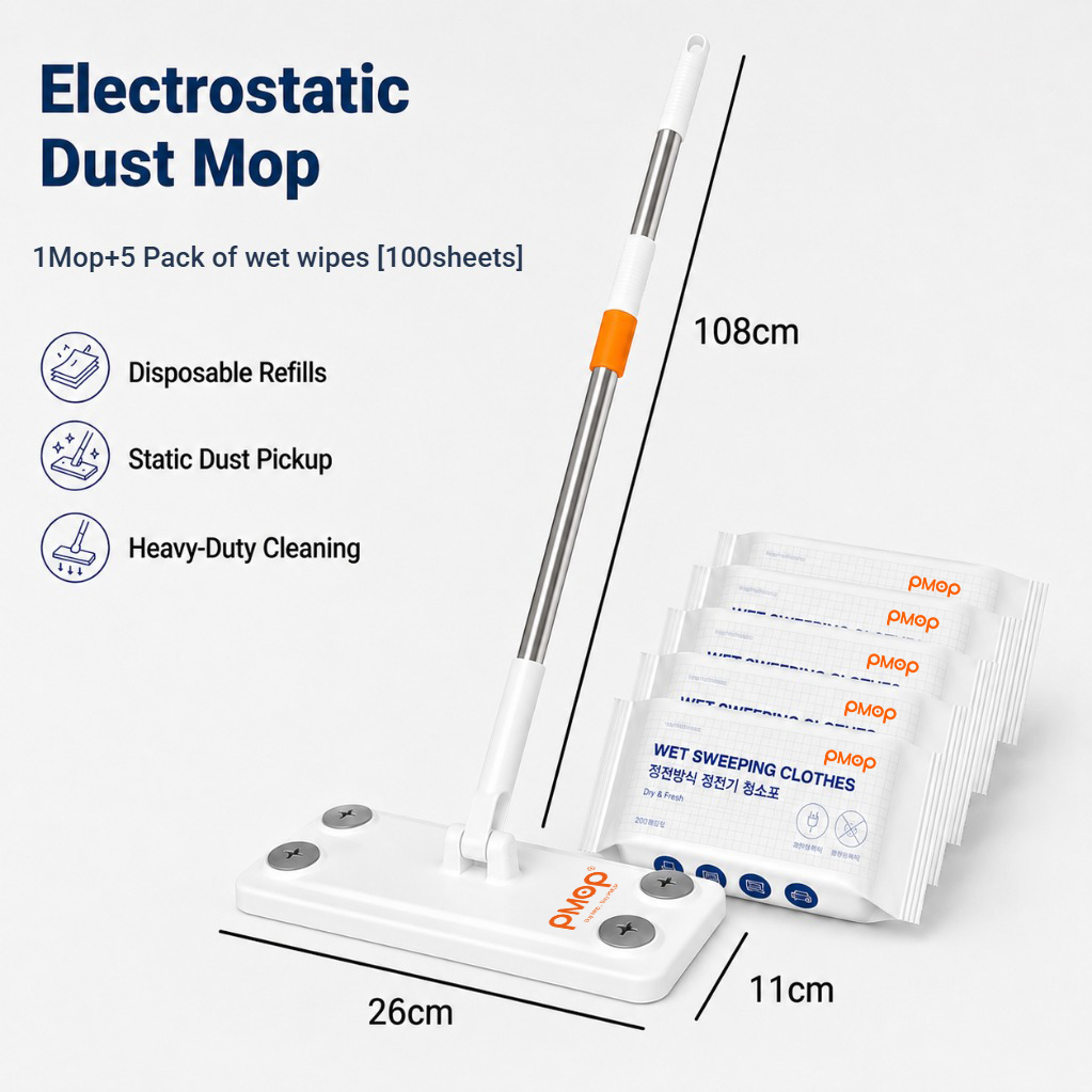 PMOP PREMIUM Disposable Electrostatic Dust Removal Lazy Flat Mop with Wet Dry Paper Wipes FloorClean