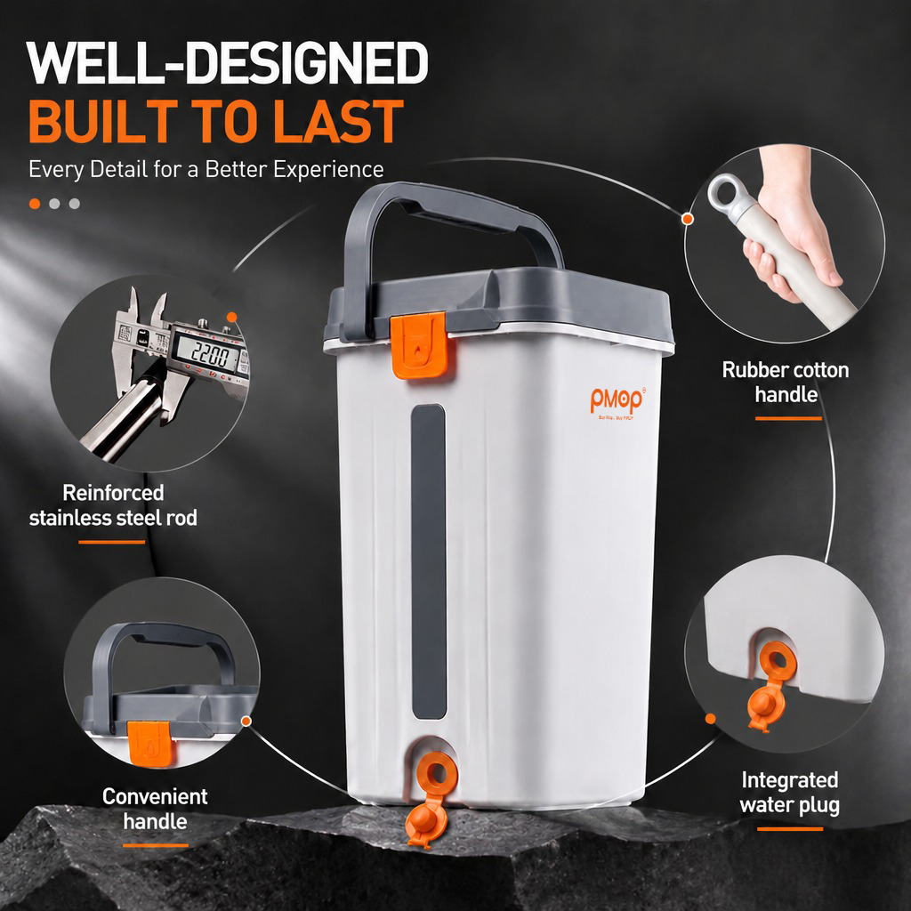 PMOP PREMIUM Self Wash Flat Mop With Bucket Brush and Scraper Dry Wet Separation Mop for Floor