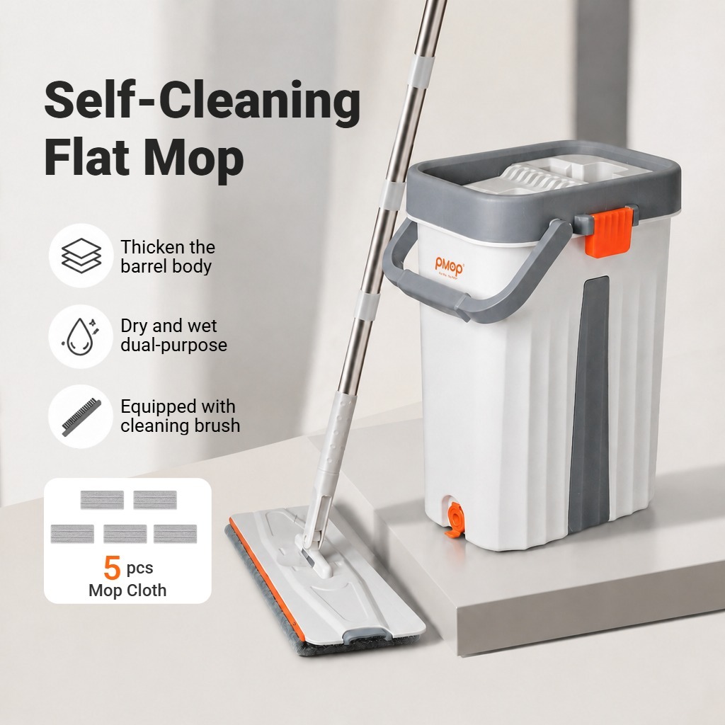 PMOP PREMIUM Self Wash Flat Mop With Bucket Brush and Scraper Dry Wet Separation Mop for Floor