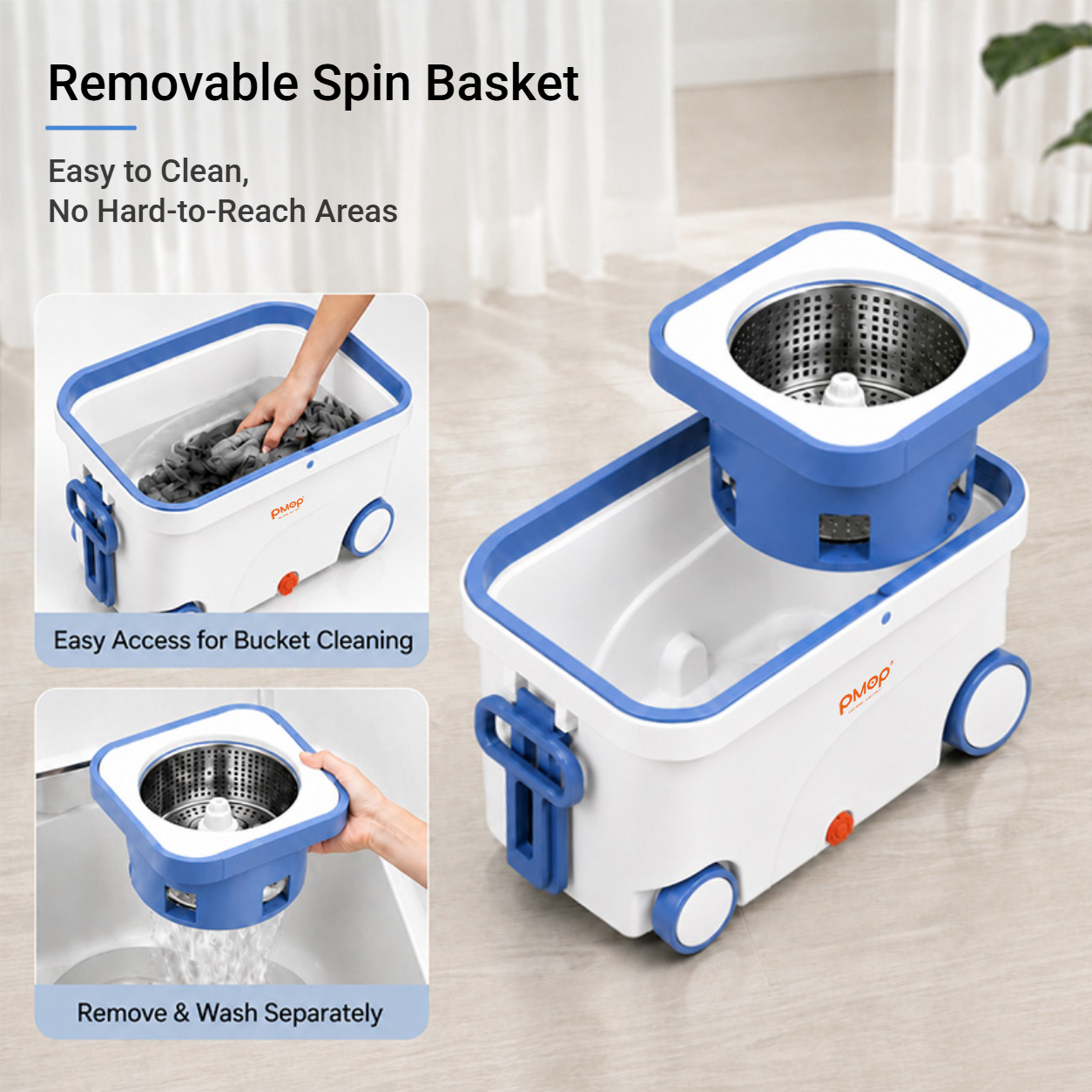 PMOP PREMIUM Mop with Spinner 4 Rolling Wheels and Foldable Handle Spin Mop for floor cleaning