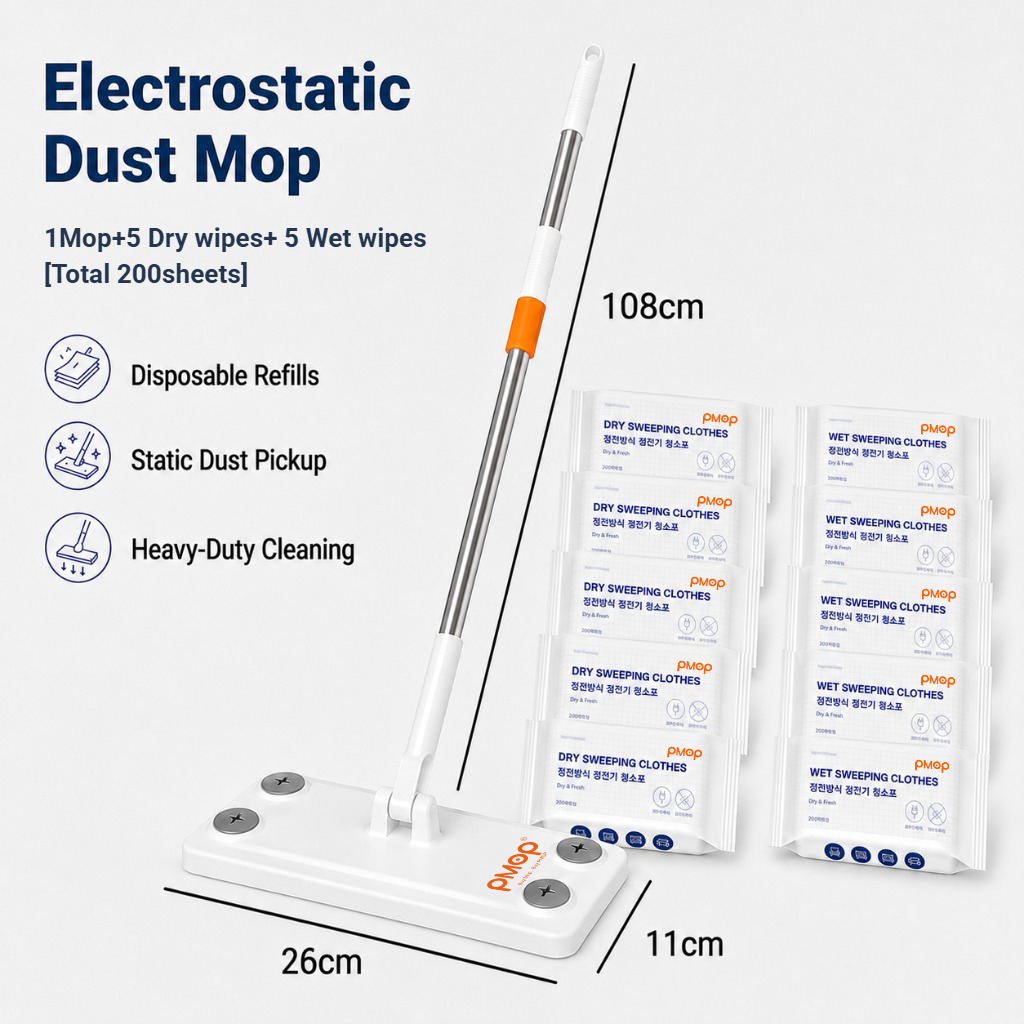 PMOP PREMIUM Disposable Electrostatic Dust Removal Lazy Flat Mop with Wet Dry Paper Wipes FloorClean