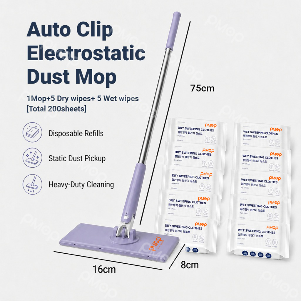 PMOP PREMIUM Disposable Auto Clip Electrostatic Dust Mop for Floor Cleaning with Wet Dry Paper Wipes