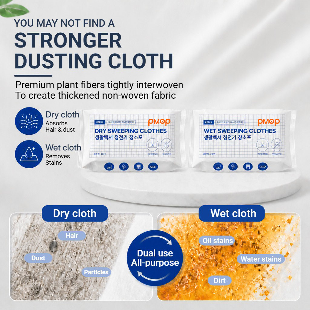 PMOP PREMIUM Disposable Electrostatic Dust Removal Lazy Flat Mop with Wet Dry Paper Wipes FloorClean