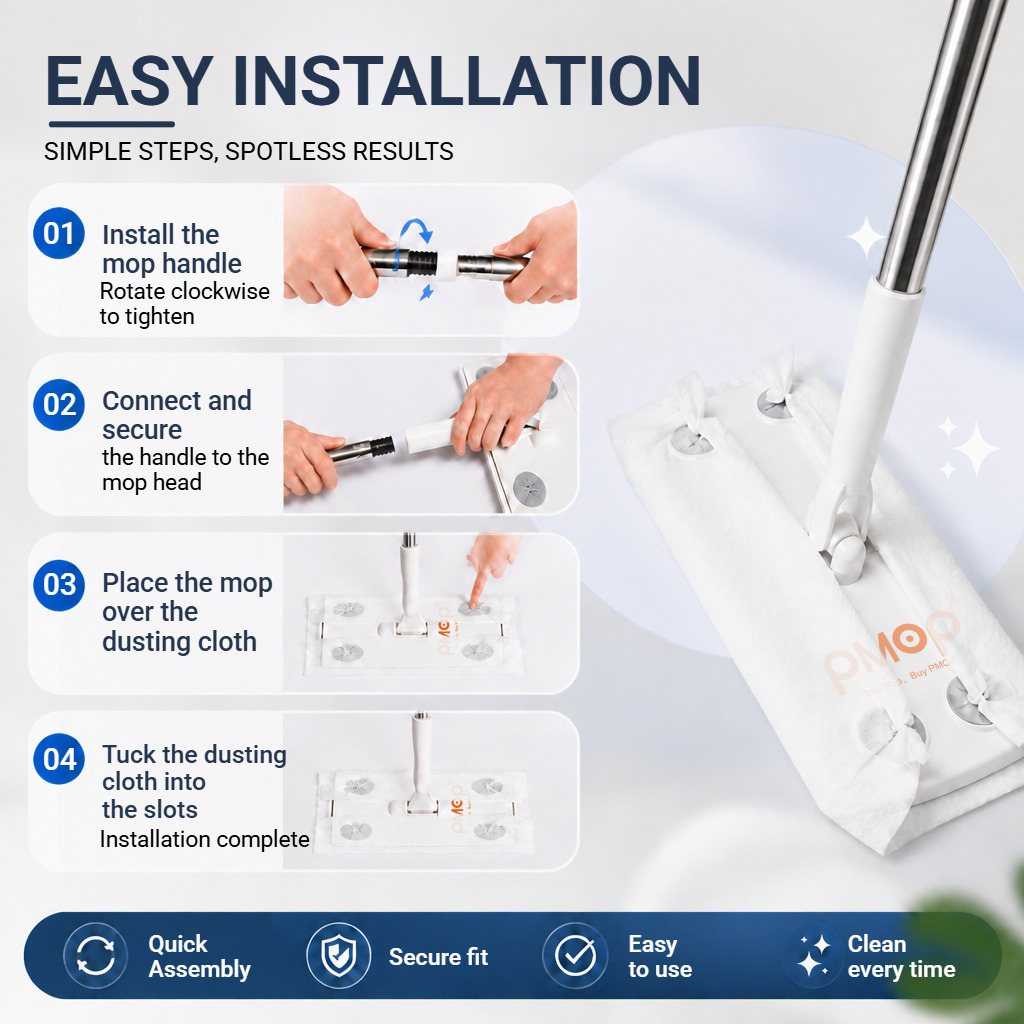 PMOP PREMIUM Disposable Electrostatic Dust Removal Lazy Flat Mop with Wet Dry Paper Wipes FloorClean