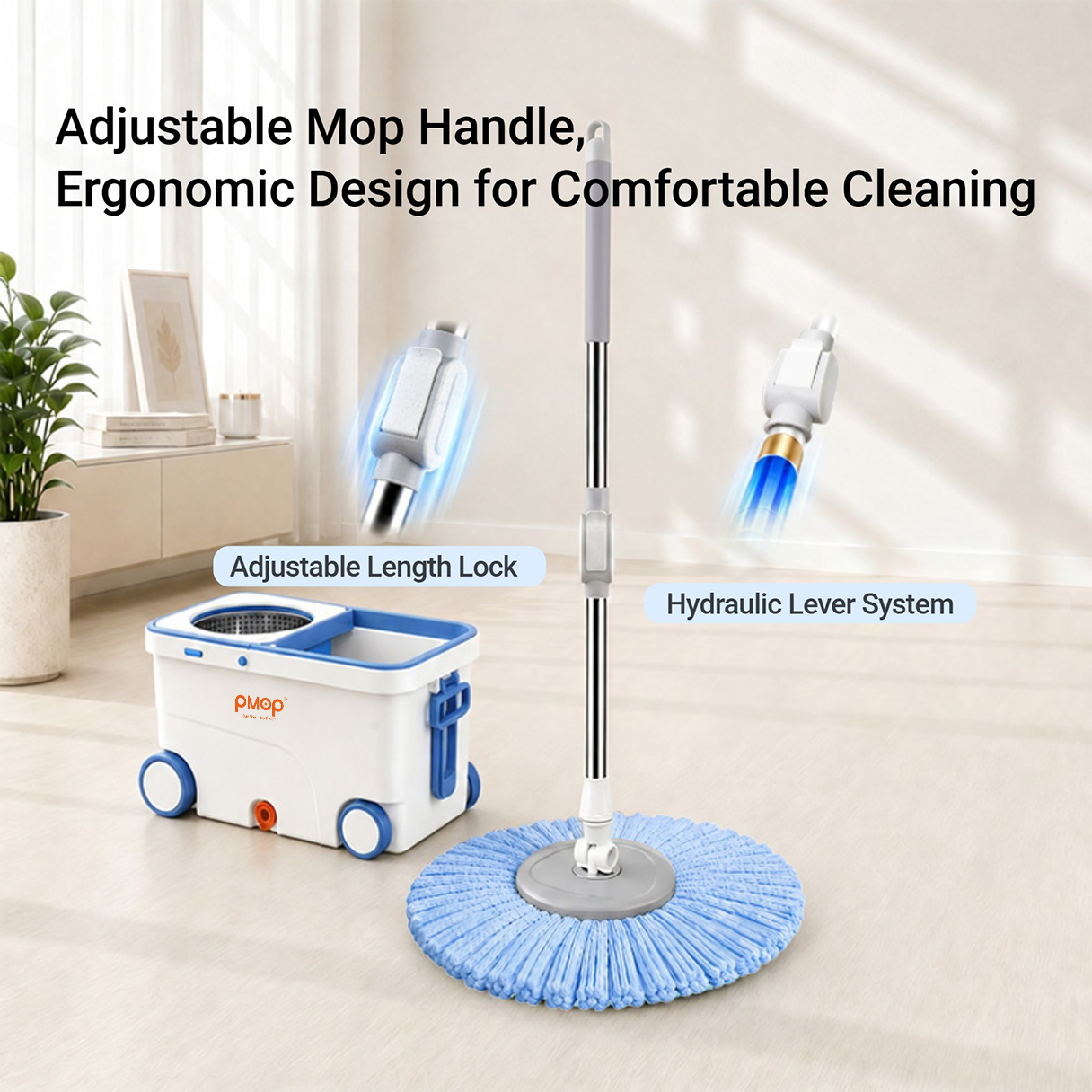 PMOP PREMIUM Mop with Spinner 4 Rolling Wheels and Foldable Handle Spin Mop for floor cleaning