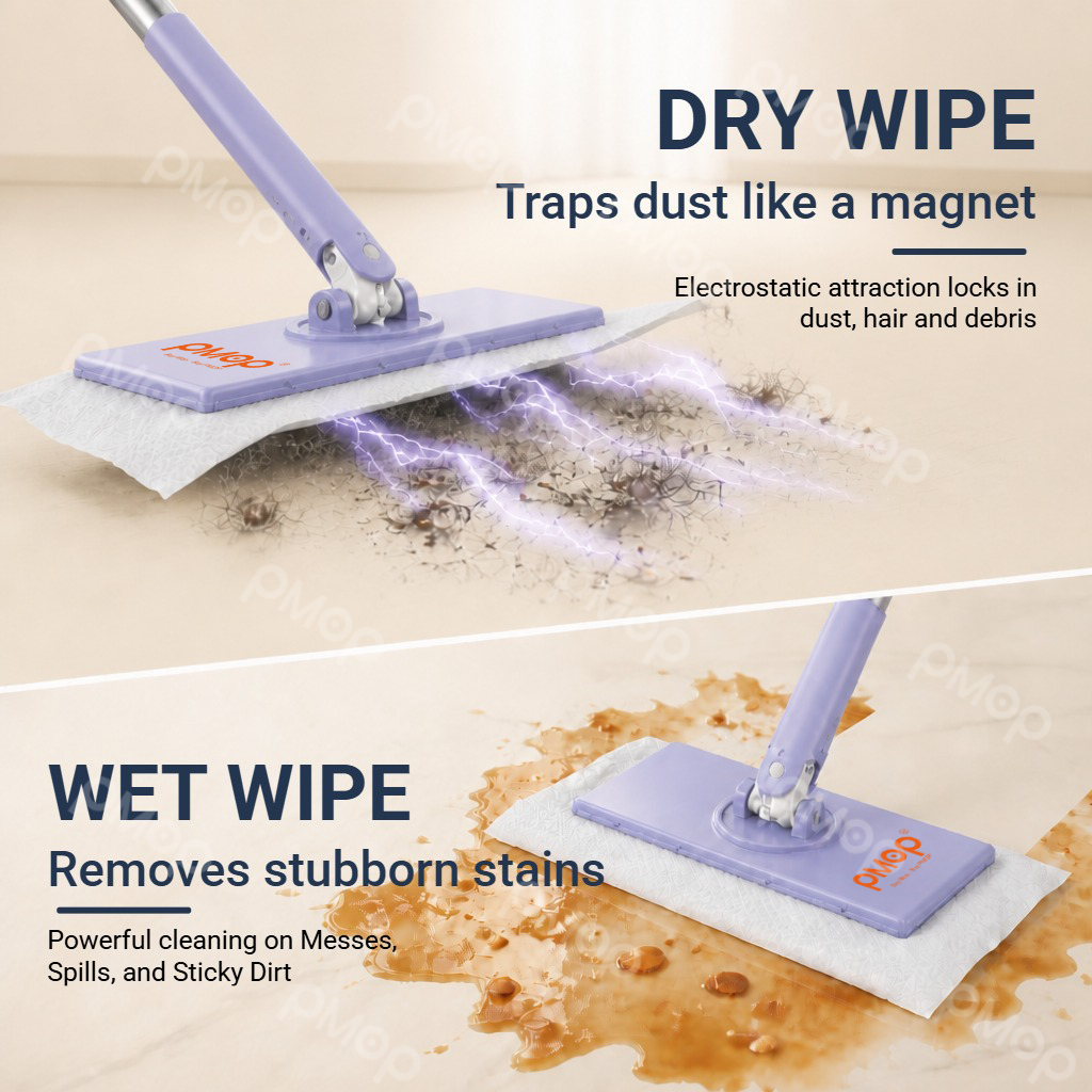 PMOP PREMIUM Disposable Auto Clip Electrostatic Dust Mop for Floor Cleaning with Wet Dry Paper Wipes